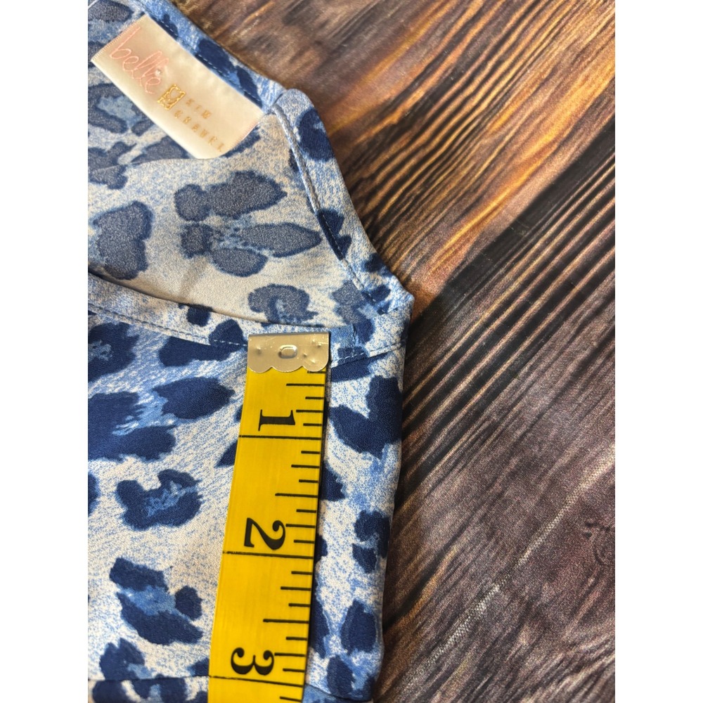 Belle by Kim Gravel Womens Blouse L Blue Leopard Print Ruffle Bell Sleeve Top - Picture 9 of 11
